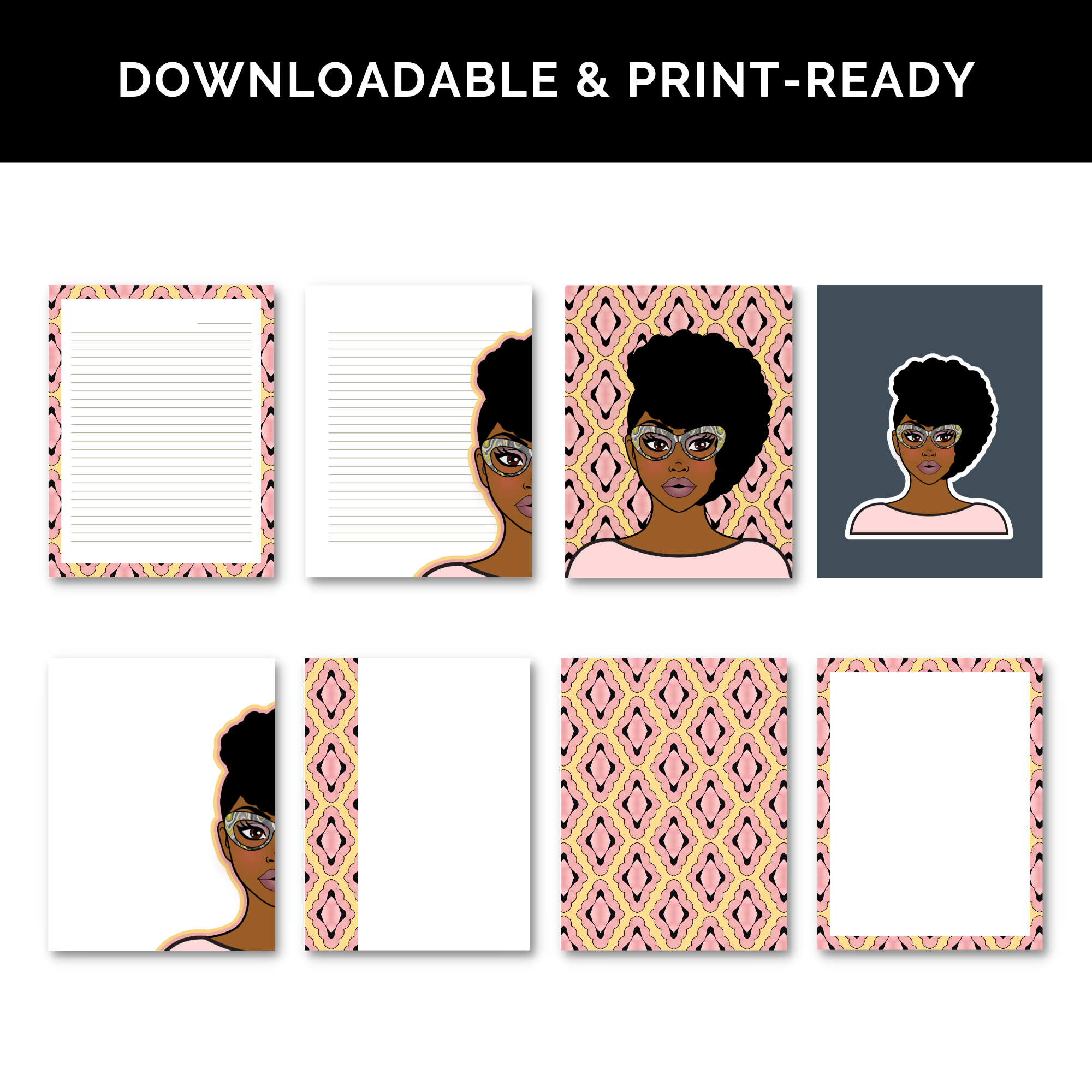 Digital & Printable Stationery Set, Planner/Journal Pages | Instant Download, Pink Yellow Arabesque Print - Dk African American | GoodNotes