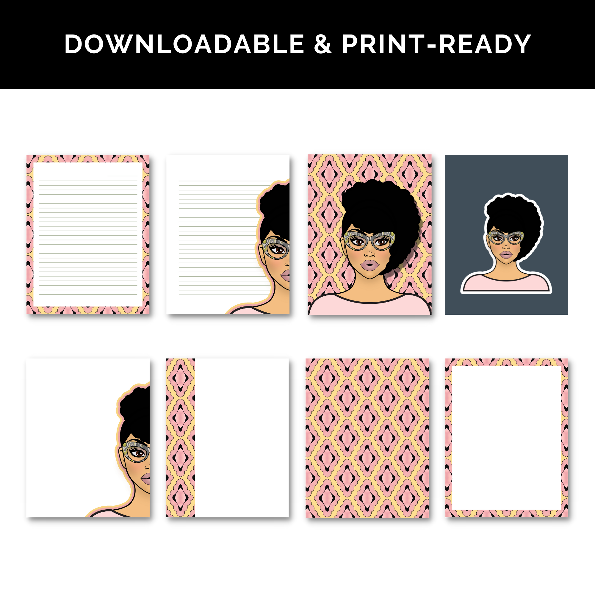 Digital & Printable Stationery Set, Planner/Journal Pages | Instant Download, Pink Yellow Arabesque Print - Lt African American | GoodNotes